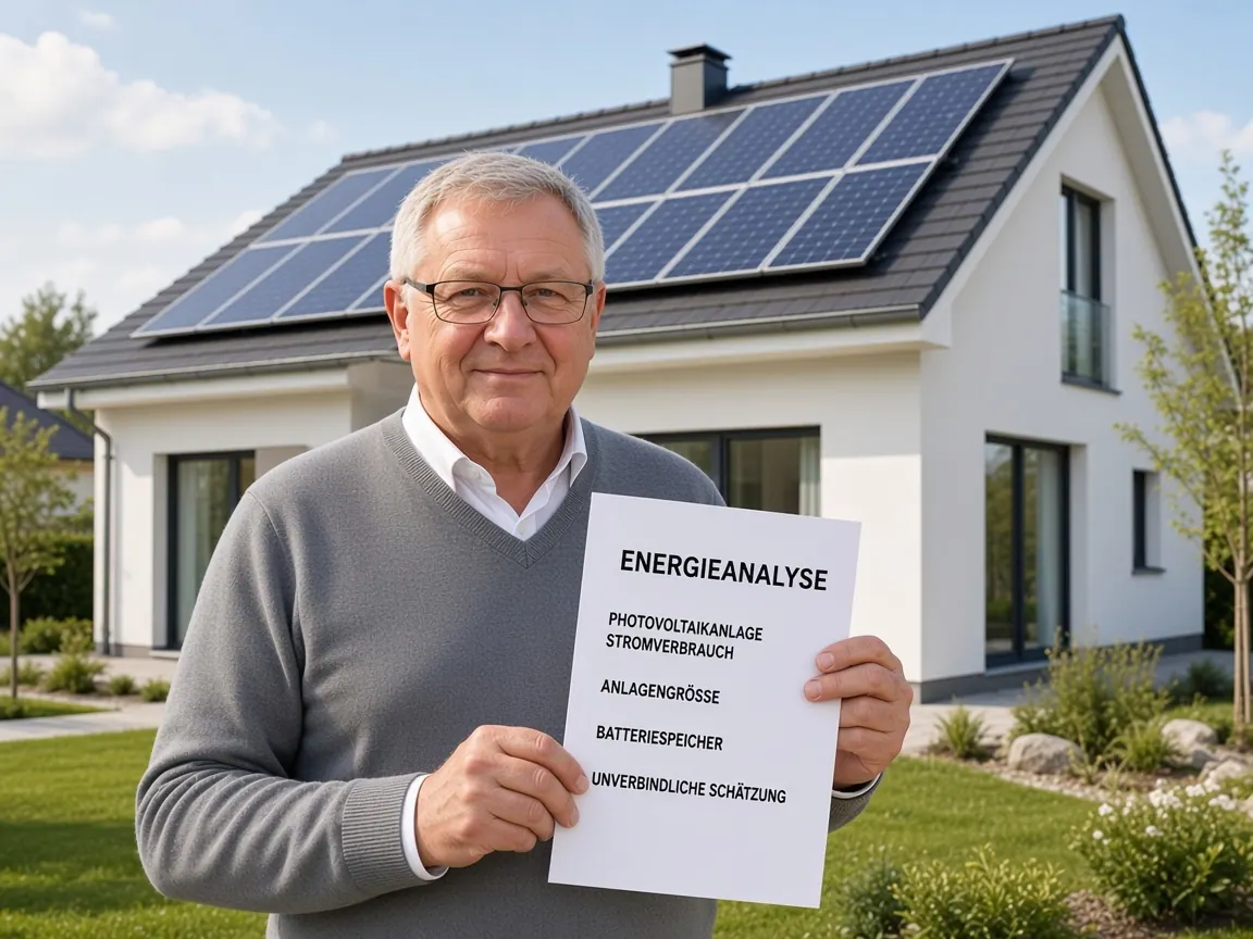 Hausbesitzer mit Energieanalyse vor einem Haus mit Photovoltaik