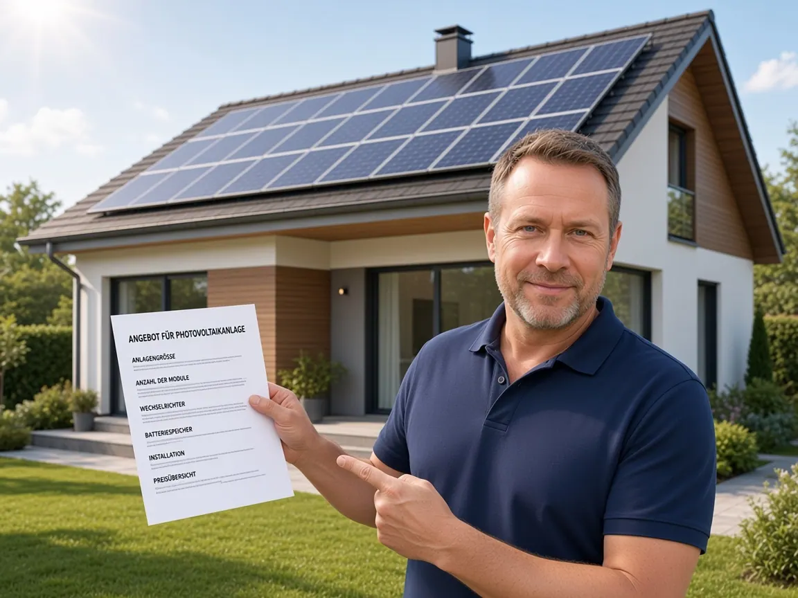 Hausbesitzer mit Photovoltaik-Angebot vor Solarmodulen