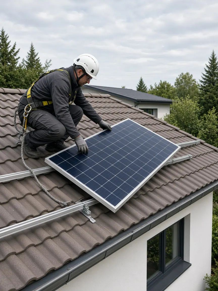 Fachkraft installiert Photovoltaikmodule auf einem Wohnhaus